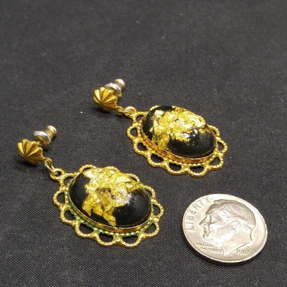 Vintage Gold Foil Lucite Post Earrings, Filigree Frames, Clear Lucite, 1 1/2 In - Picture 10 of 12
